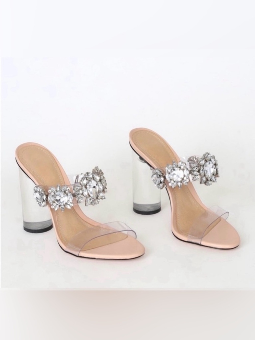 SCHUTZ Pink Crystal Embellished Clear Strap Block Heel Sandals